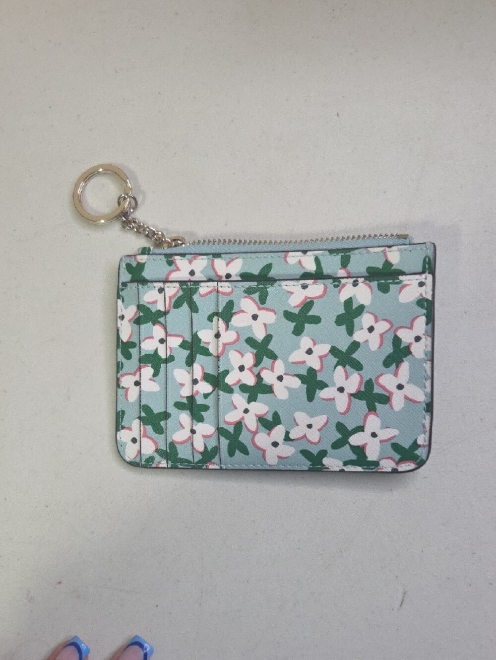 kate spade Laurel Way Bitsy floral card holder keyring in mint green and white - Picture 4 of 4